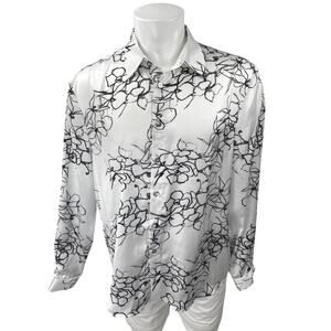 Akings Men's White Silky Satin Floral Print Long Sleeve Button Down Shirt Top L